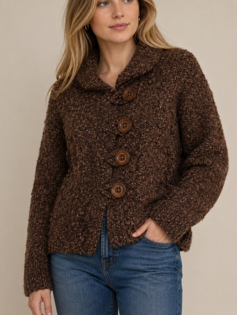 VTG CHADWICKS 1980s Brown Lambswool Popcorn Oversized Button   Down Sweater